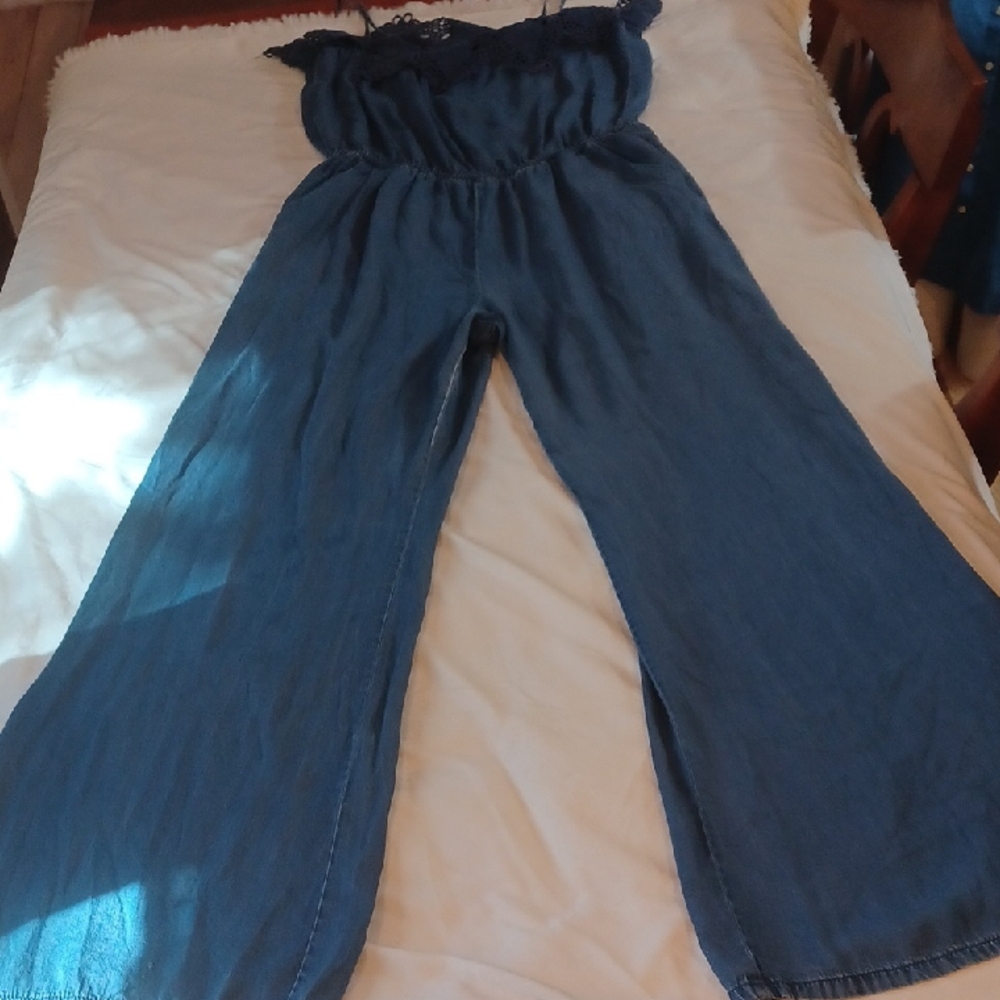Bisou Bisou Denim& Lace  Boho Blue Jean Jumpsuit XL Extra Wide Leg
